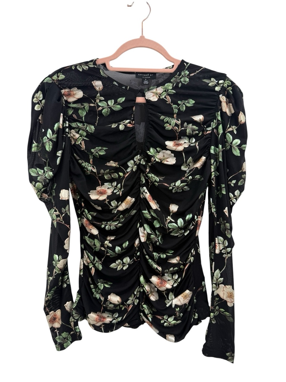 Black Floral Ruched Mesh Top Keyhole Puff Sleeve Romantic Cottagecore Feminine - Picture 7 of 15